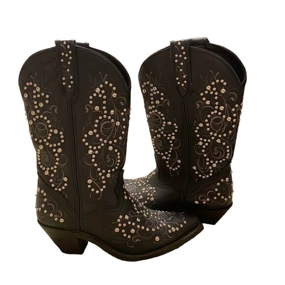 Womens Rocking Country Collection Black Studded Embellished Leather Boots 8M - Picture 2 of 9